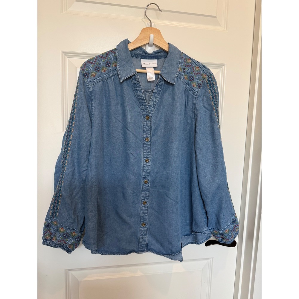 Alfred Dunner Womens Blue Tencel Lyocell Embroidered Boho Button Down Shirt L